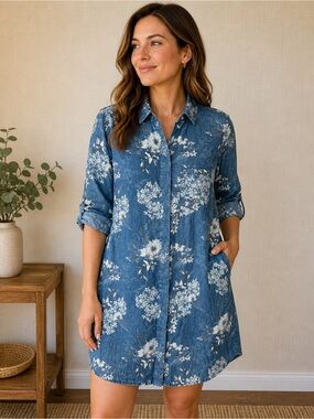 Kut From The Kloth Floral Print Chambray Mini Shift Shirt Dress Medium